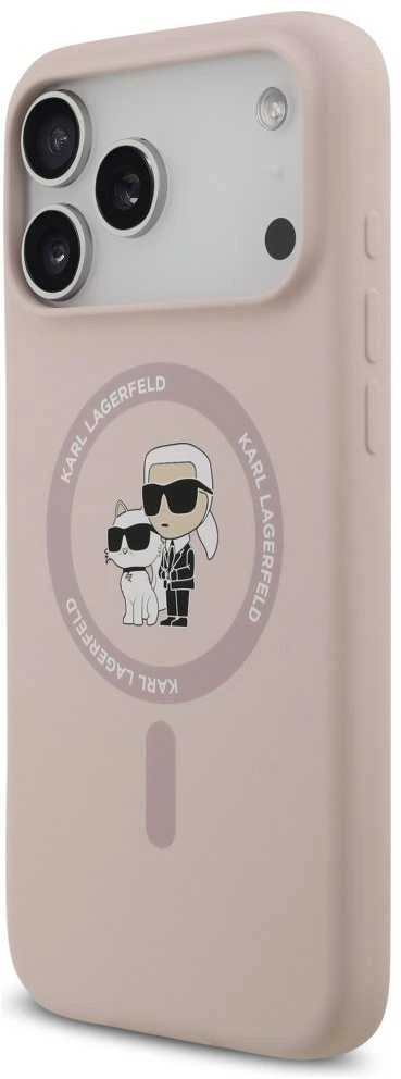 Karl Lagerfeld Liquid Silicone Karl and Choupette MagSafe dėklas skirtas Apple iPhone 17 Pro Max rožinės spalvos