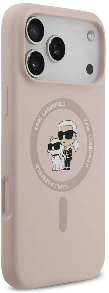 Karl Lagerfeld Liquid Silicone Karl and Choupette MagSafe dėklas skirtas Apple iPhone 17 Pro Max rožinės spalvos