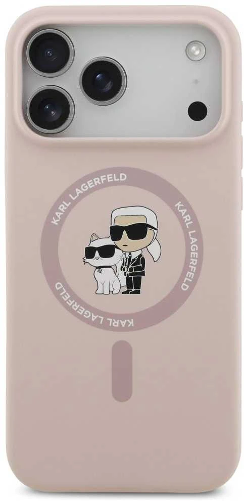 Karl Lagerfeld Liquid Silicone Karl and Choupette MagSafe dėklas skirtas Apple iPhone 17 Pro Max rožinės spalvos