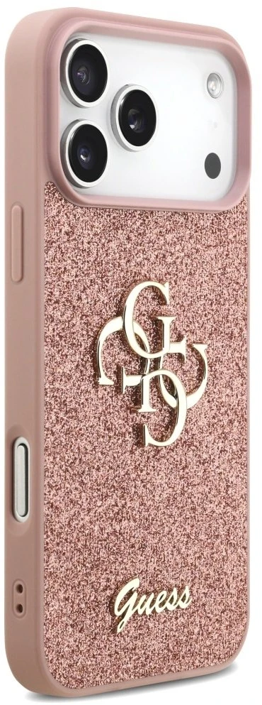 Guess PU Fixed Glitter 4G Metal Logo dėklas skirtas Apple iPhone 17 Pro Max rožinės spalvos