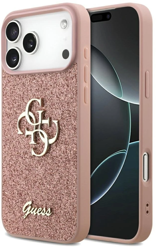 Guess PU Fixed Glitter 4G Metal Logo dėklas skirtas Apple iPhone 17 Pro Max rožinės spalvos