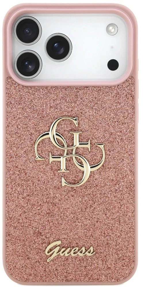 Guess PU Fixed Glitter 4G Metal Logo dėklas skirtas Apple iPhone 17 Pro Max rožinės spalvos