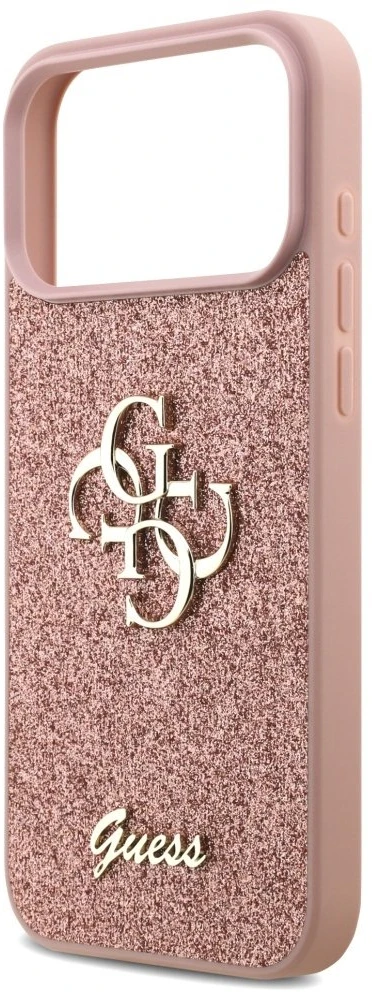 Guess PU Fixed Glitter 4G Metal Logo dėklas skirtas Apple iPhone 17 Pro Max rožinės spalvos