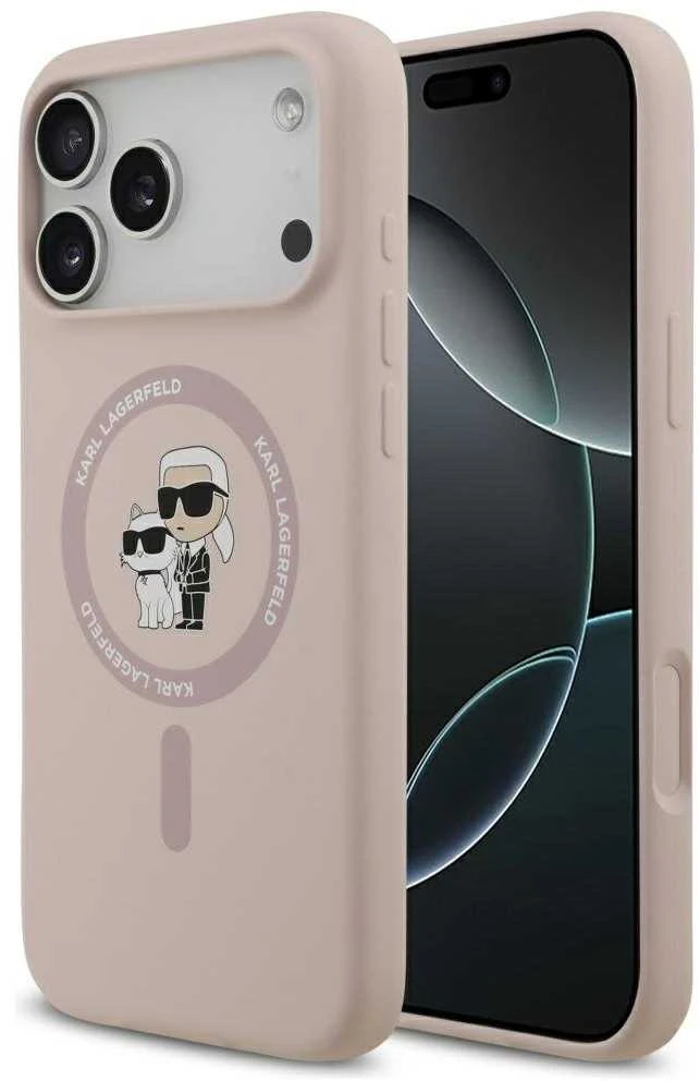 Karl Lagerfeld Liquid Silicone Karl and Choupette MagSafe dėklas skirtas Apple iPhone 17 Pro Max rožinės spalvos
