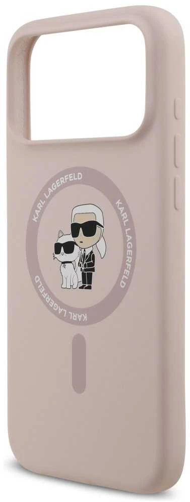 Karl Lagerfeld Liquid Silicone Karl and Choupette MagSafe dėklas skirtas Apple iPhone 17 Pro Max rožinės spalvos