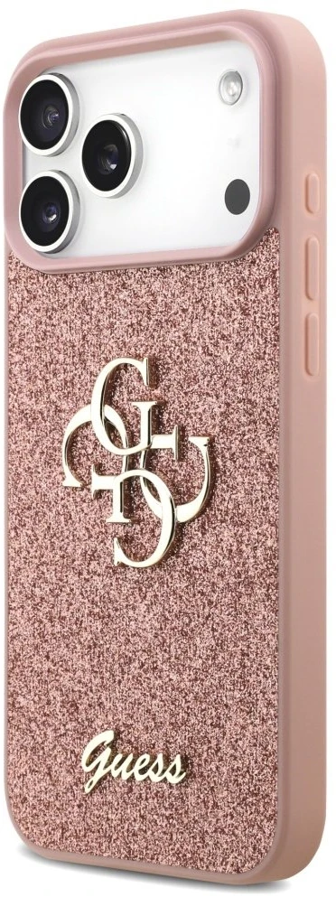 Guess PU Fixed Glitter 4G Metal Logo dėklas skirtas Apple iPhone 17 Pro Max rožinės spalvos