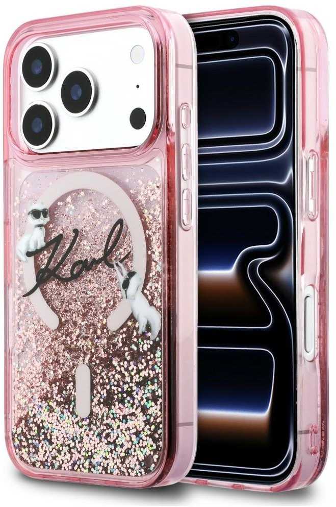 Dėklas Karl Lagerfeld Liquid Glitter Karl Script Logo MagSafe Case for iPhone 17 Pro Max - Rožinė