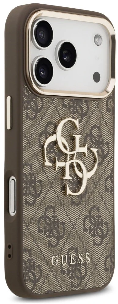 Guess PU Leather 4G Metal Logo aukso spalvos Frame dėklas skirtas Apple iPhone 17 Pro Max rudos spalvos