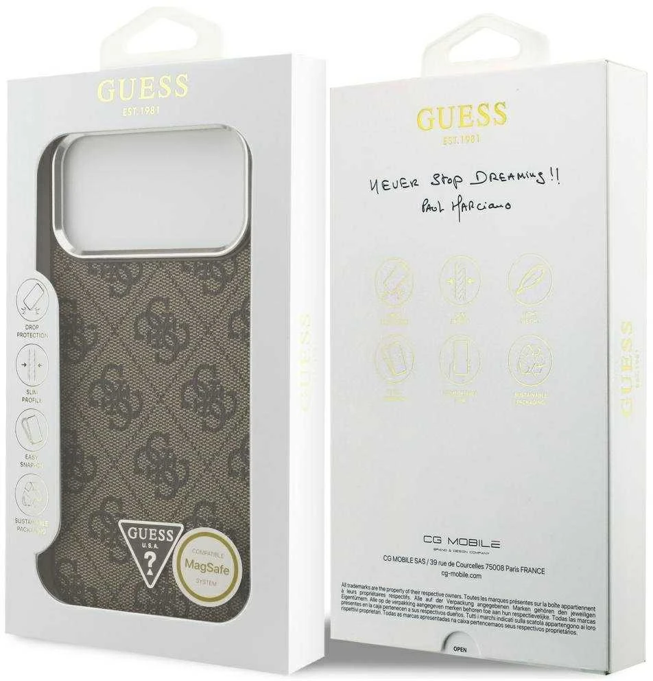 GUESS dėklas, skirtas IPHONE 17 Pro Max, suderinamas su MagSafe GUHMP17XP4TSRCMW (PU 4G su trikampio logotipu SL), ruda