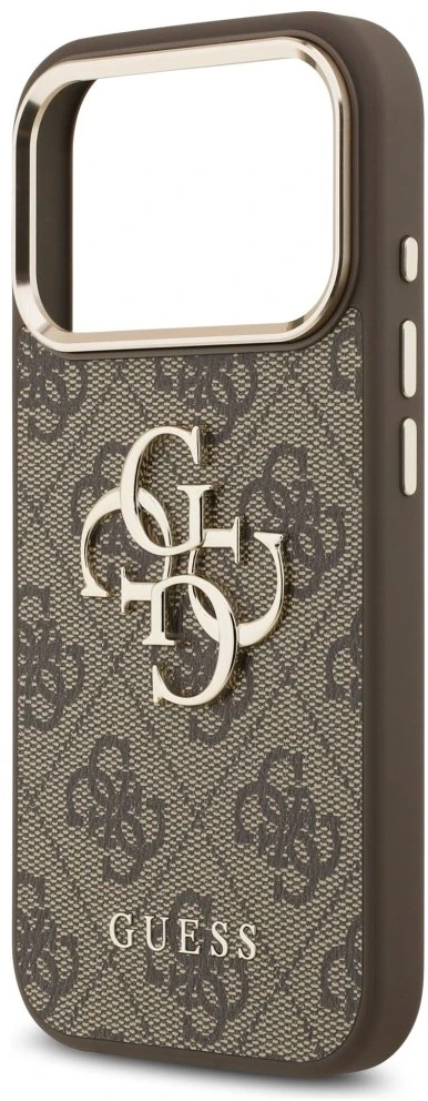 Guess PU Leather 4G Metal Logo aukso spalvos Frame dėklas skirtas Apple iPhone 17 Pro Max rudos spalvos