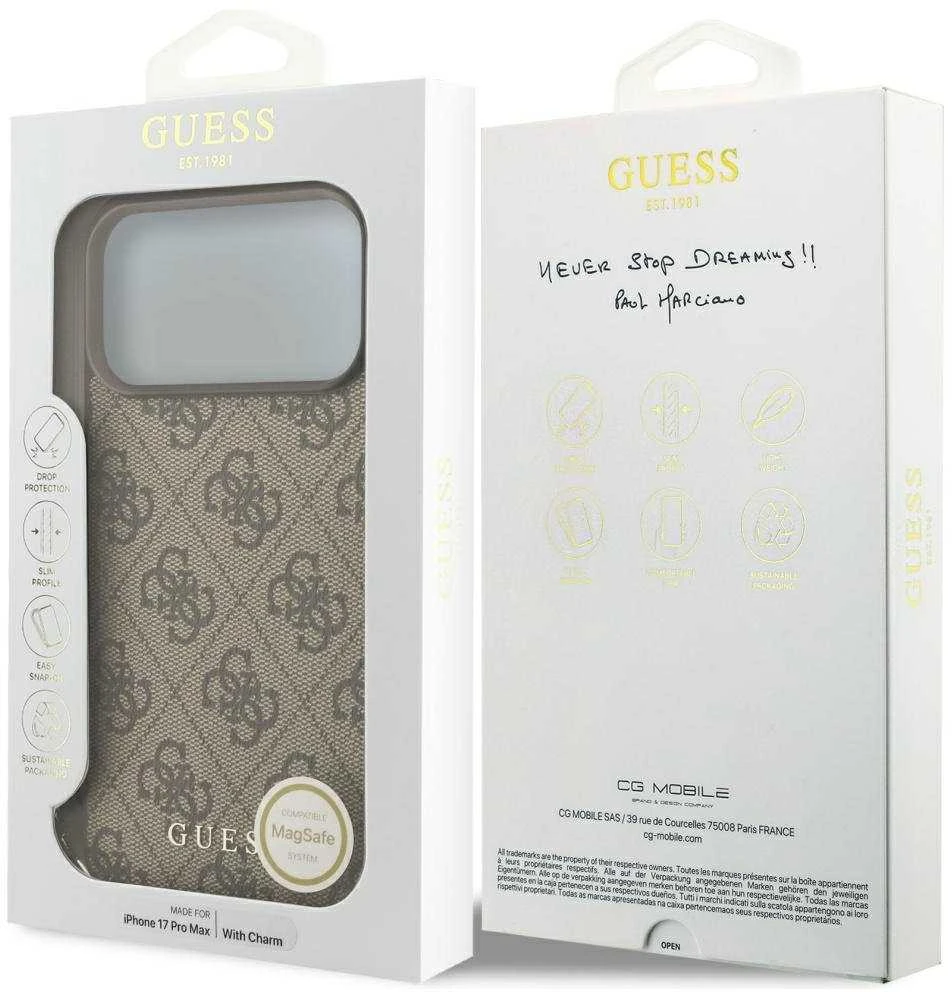 Guess 4G Charm dėklas skirtas Apple iPhone 17 Pro Max Tone on Tone rudos spalvos