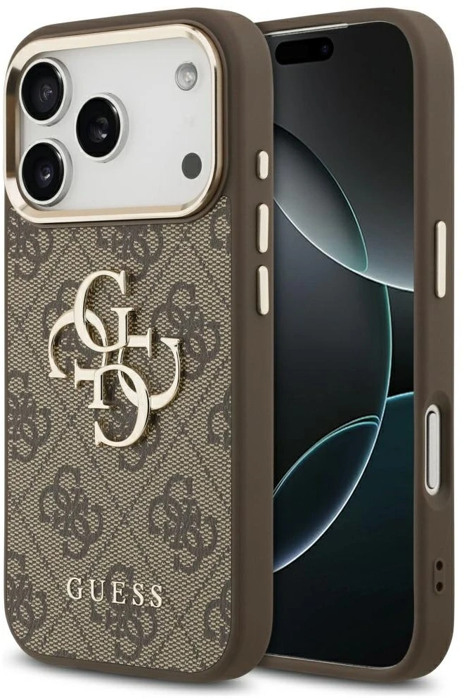 Guess PU Leather 4G Metal Logo aukso spalvos Frame dėklas skirtas Apple iPhone 17 Pro Max rudos spalvos