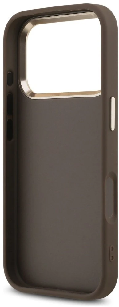 Guess PU Leather 4G Metal Logo aukso spalvos Frame dėklas skirtas Apple iPhone 17 Pro Max rudos spalvos