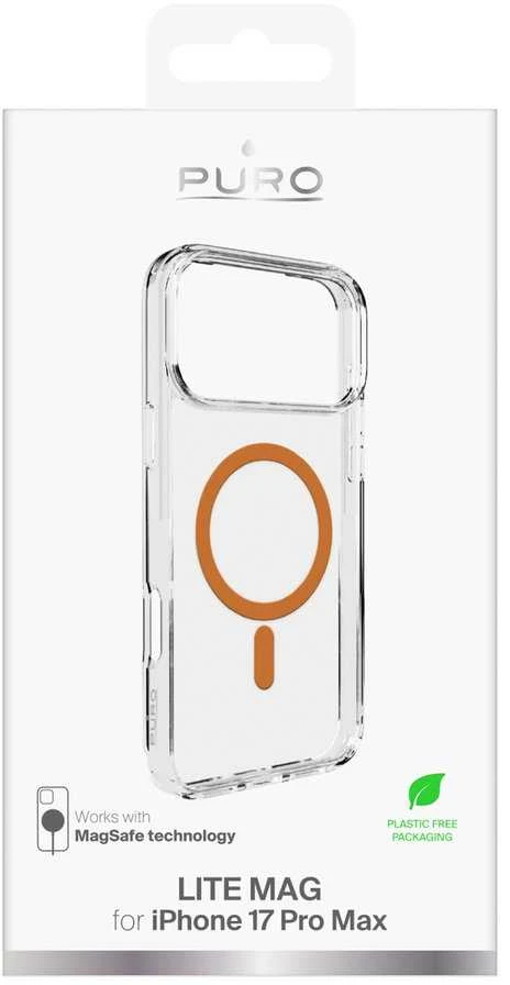 Puro Lite Mag TPU+PC dėklas suderinamas su MagSafe skirtas Apple iPhone 17 Pro Max – skaidrus su oranžinės spalvos žiedu