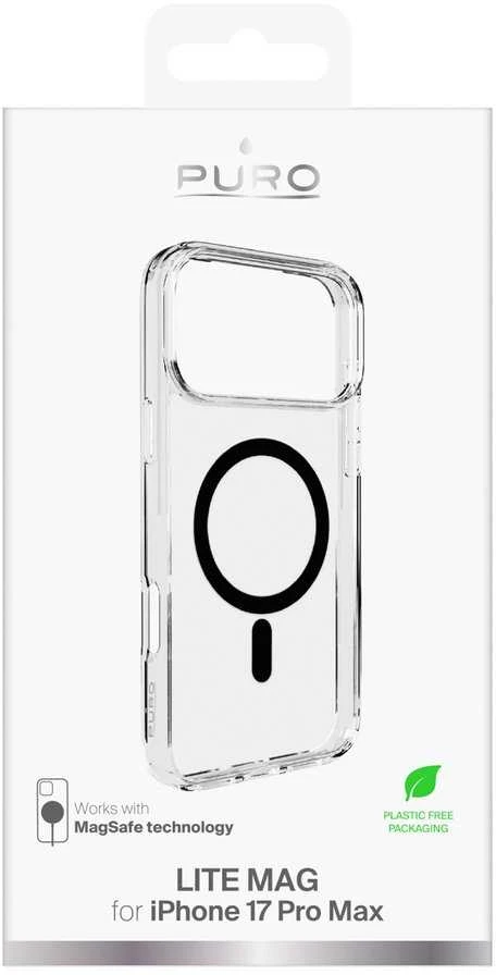 Puro Lite Mag TPU + PC dėklas, suderinamas su „MagSafe“, skirtas „iPhone 17 Pro Max“ – skaidrus su juodu žiedu