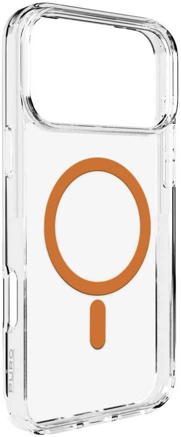 Puro Lite Mag TPU+PC dėklas suderinamas su MagSafe skirtas Apple iPhone 17 Pro Max – skaidrus su oranžinės spalvos žiedu