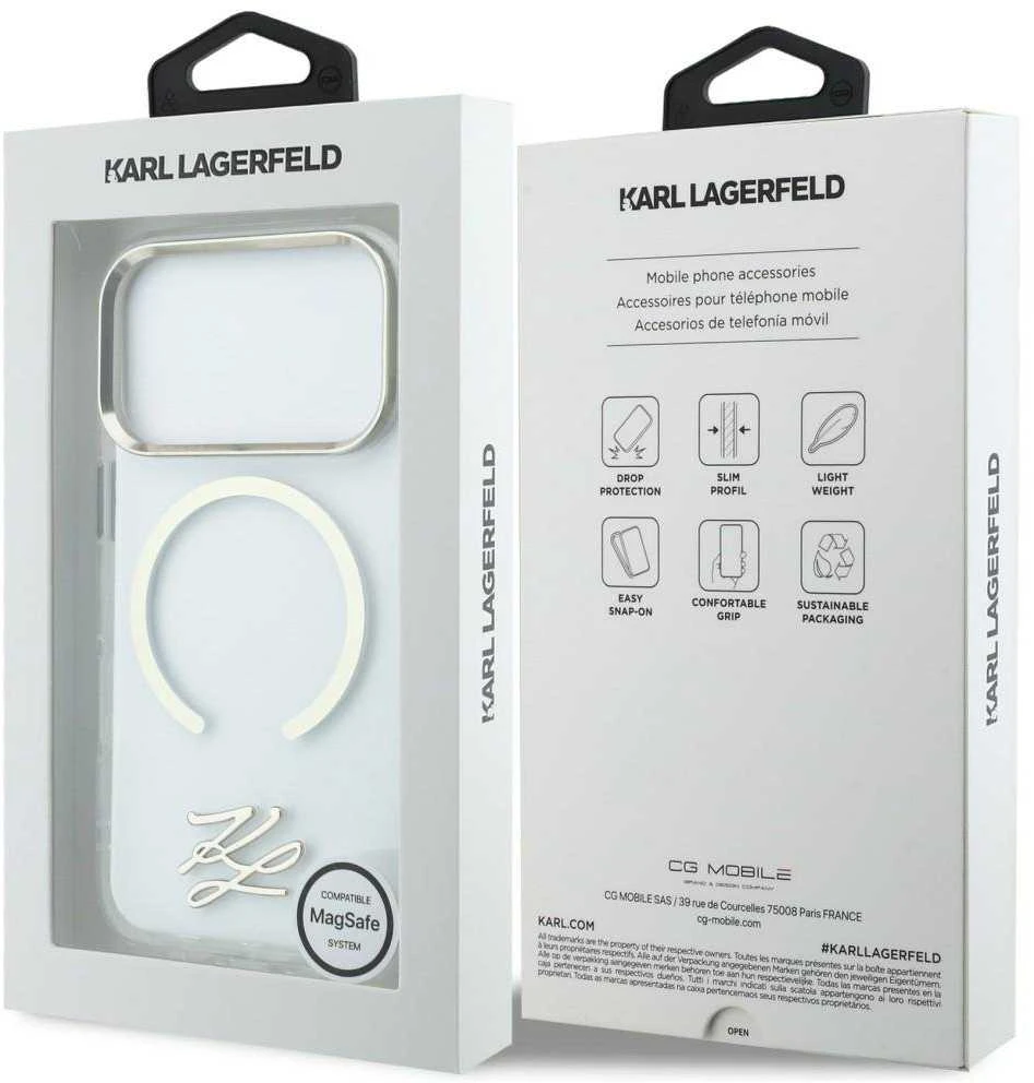 „Karl Lagerfeld IML KL Script Logo MagSafe“ dėklas, skirtas „iPhone 17 Pro Max“ – skaidrus
