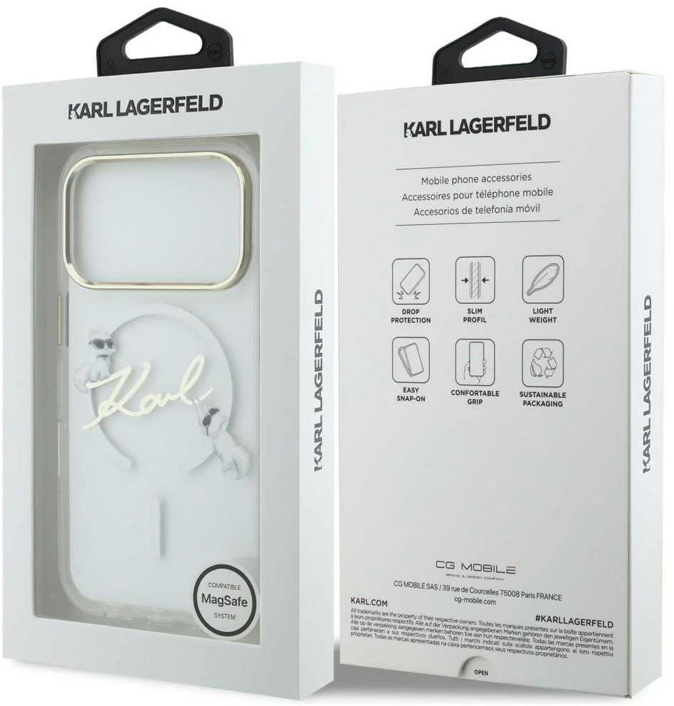 „Karl Lagerfeld IML Choupettes“ „Karl Script Logo MagSafe“ dėklas, skirtas „iPhone 17 Pro Max“ – skaidrus