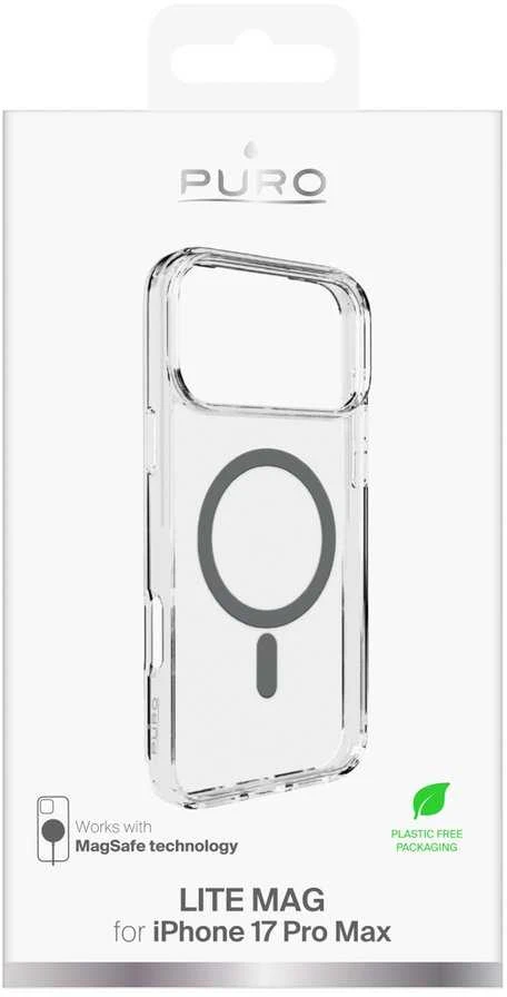 Puro Lite Mag TPU+PC dėklas, suderinamas su „MagSafe“, skirtas „iPhone 17 Pro Max“ – skaidrus su pilku žiedu