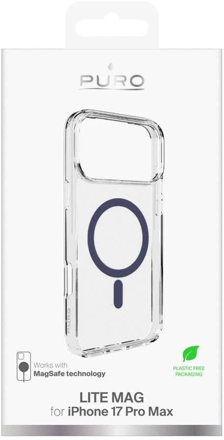 Puro Lite Mag TPU+PC dėklas, suderinamas su „MagSafe“, skirtas „iPhone 17 Pro Max“ – skaidrus su Mėlyna žiedu