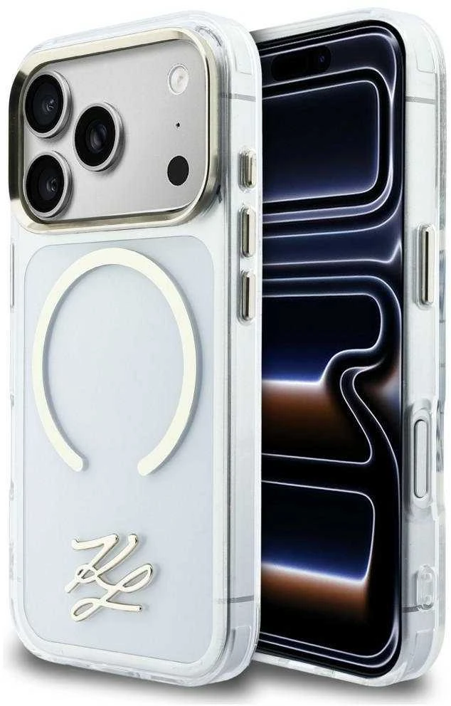 „Karl Lagerfeld IML KL Script Logo MagSafe“ dėklas, skirtas „iPhone 17 Pro Max“ – skaidrus