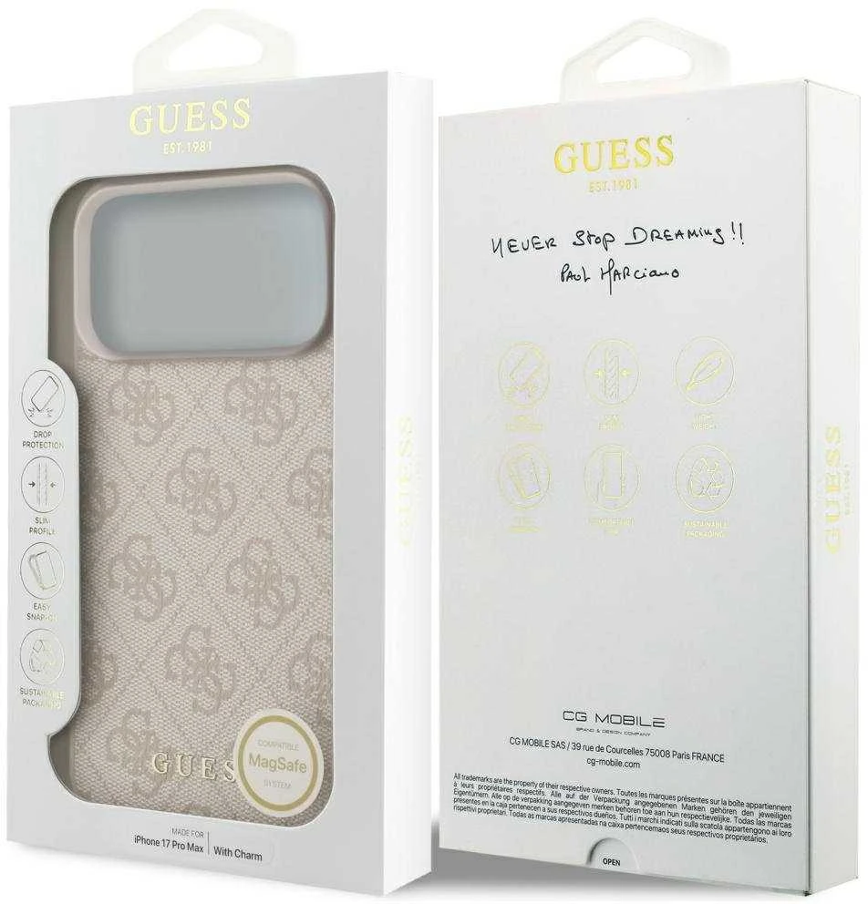 Guess 4G Charm dėklas skirtas Apple iPhone 17 Pro Max Tone on Tone rožinės spalvos