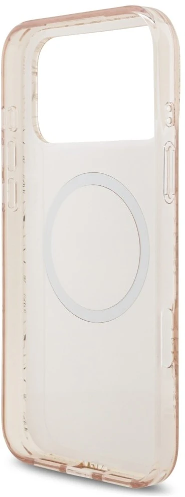 Guess IML Flowers Electro Pearl Strap MagSafe dėklas skirtas Apple iPhone 17 Pro Max rožinės spalvos