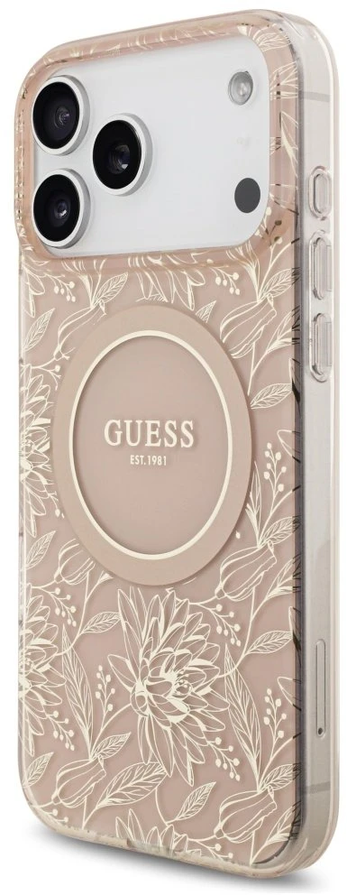 Guess IML Flowers Electro Pearl Strap MagSafe dėklas skirtas Apple iPhone 17 Pro Max rožinės spalvos