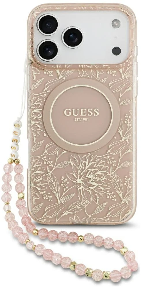 Guess IML Flowers Electro Pearl Strap MagSafe dėklas skirtas Apple iPhone 17 Pro Max rožinės spalvos