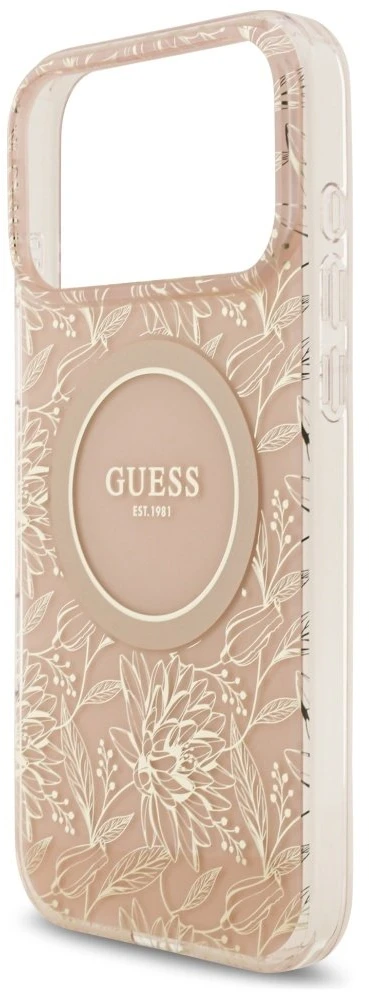 Guess IML Flowers Electro Pearl Strap MagSafe dėklas skirtas Apple iPhone 17 Pro Max rožinės spalvos