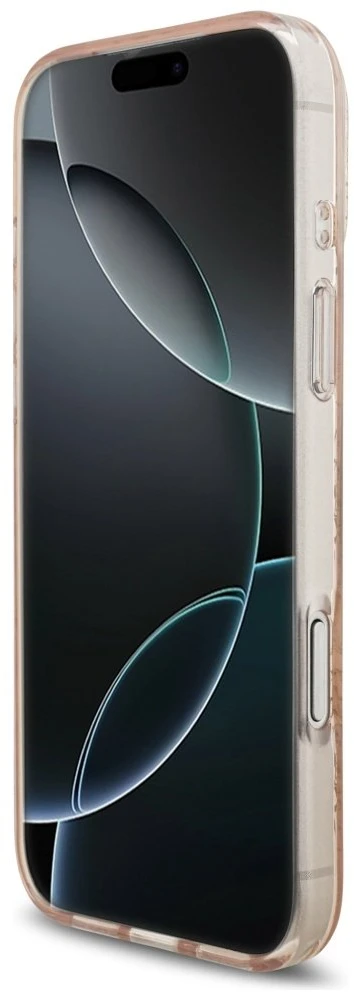 Guess IML Flowers Electro Pearl Strap MagSafe dėklas skirtas Apple iPhone 17 Pro Max rožinės spalvos