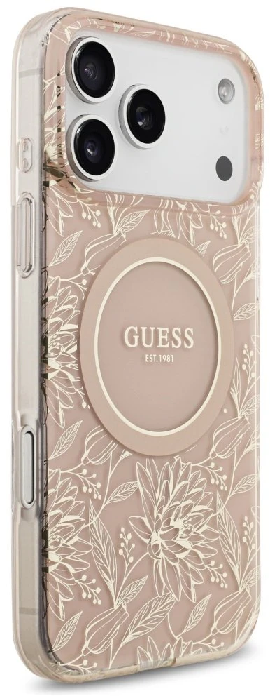 Guess IML Flowers Electro Pearl Strap MagSafe dėklas skirtas Apple iPhone 17 Pro Max rožinės spalvos