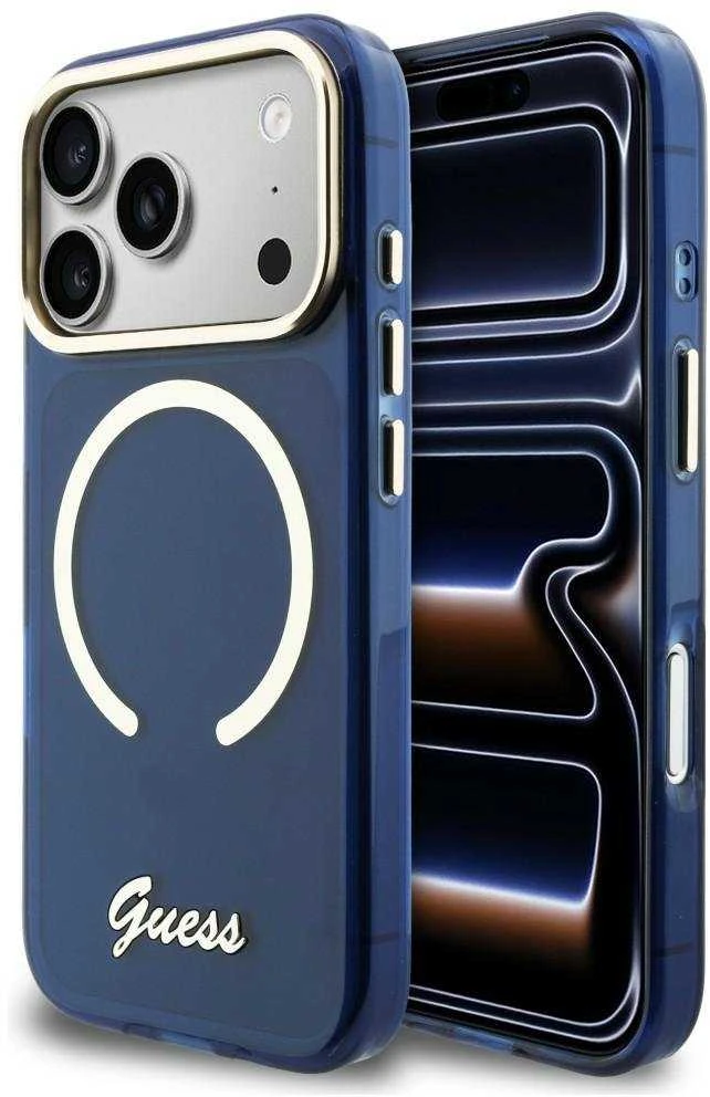 „Guess IML Script“ metalinis „MagSafe“ dėklas, skirtas „iPhone 17 Pro“ – Mėlyna