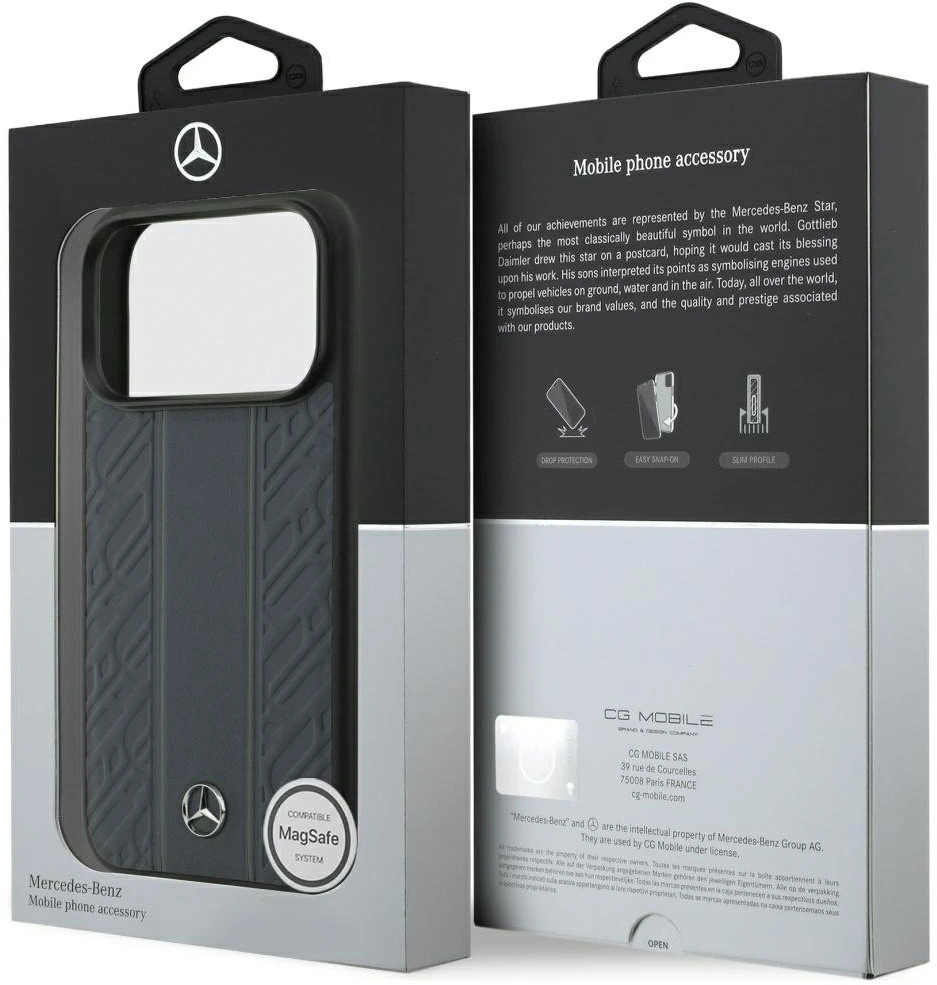 Dėklas Mercedes Leather Laurel Leaves Stripes MagSafe Apple iPhone 17 Pro mėlynas