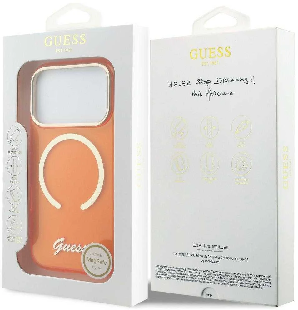 „Guess IML Script Metal MagSafe“ dėklas, skirtas „iPhone 17 Pro“ – oranžinis