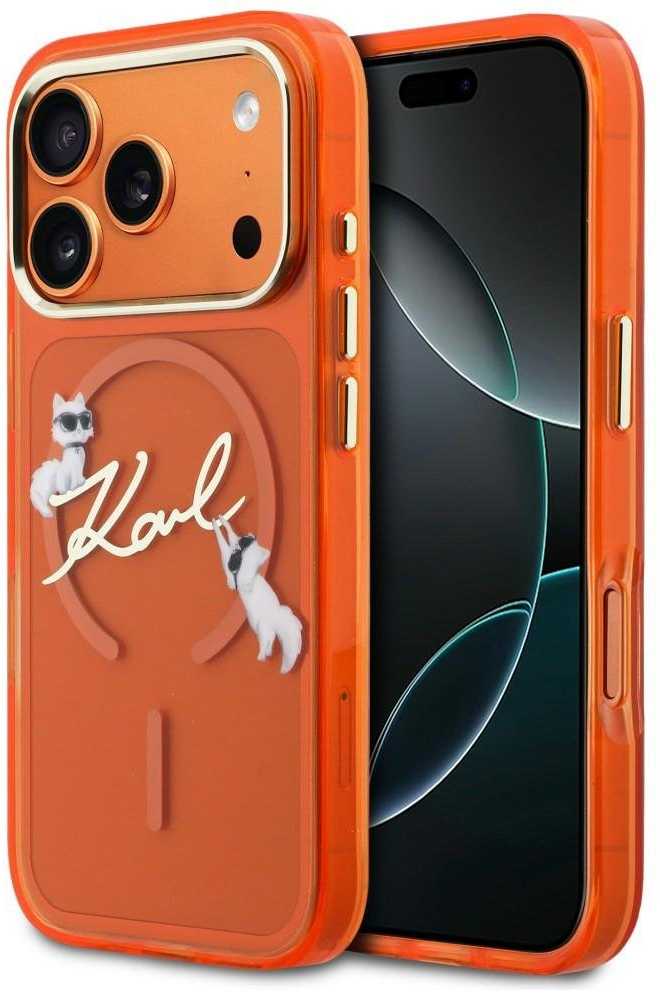 Dėklas Karl Lagerfeld IML Choupettes Karl Script Logo MagSafe Case for iPhone 17 Pro - Oranžinis