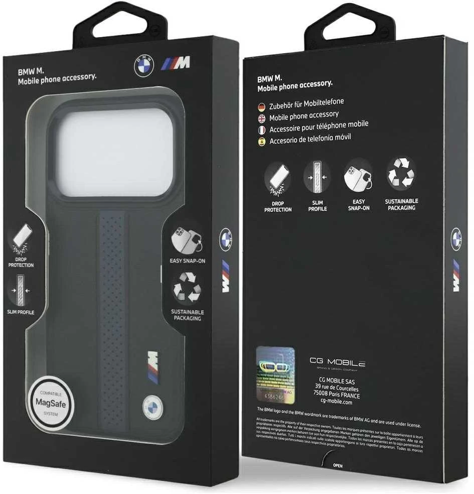 Dėklas BMW M Perforated Stripe Logo MagSafe Apple iPhone 17 Pro mėlynas