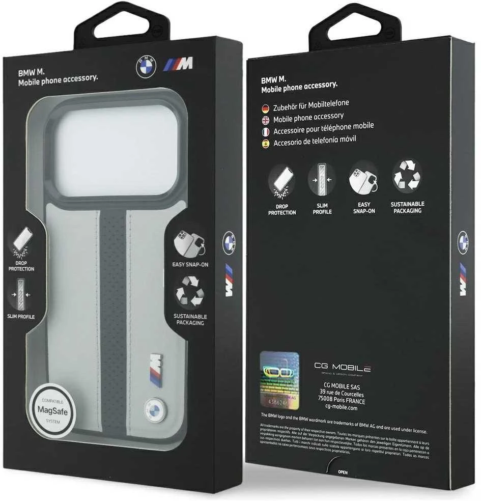 Dėklas BMW M Perforated Stripe Logo MagSafe Apple iPhone 17 Pro pilka