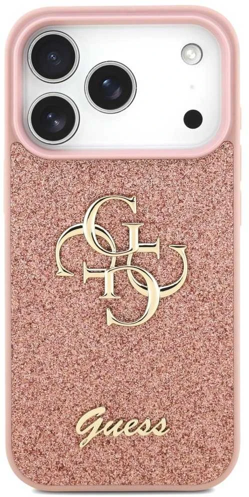 Guess PU Fixed Glitter 4G Metal Logo dėklas skirtas Apple iPhone 17 Pro rožinės spalvos