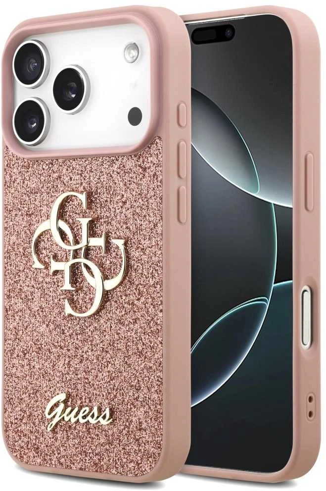 Guess PU Fixed Glitter 4G Metal Logo dėklas skirtas Apple iPhone 17 Pro rožinės spalvos