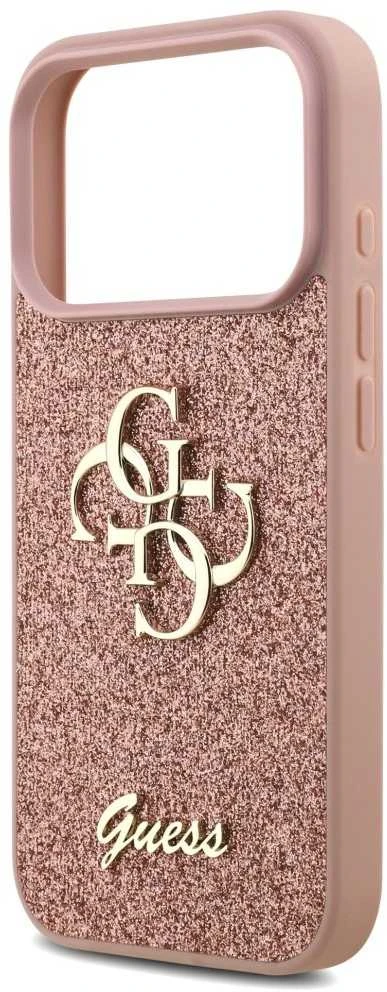 Guess PU Fixed Glitter 4G Metal Logo dėklas skirtas Apple iPhone 17 Pro rožinės spalvos