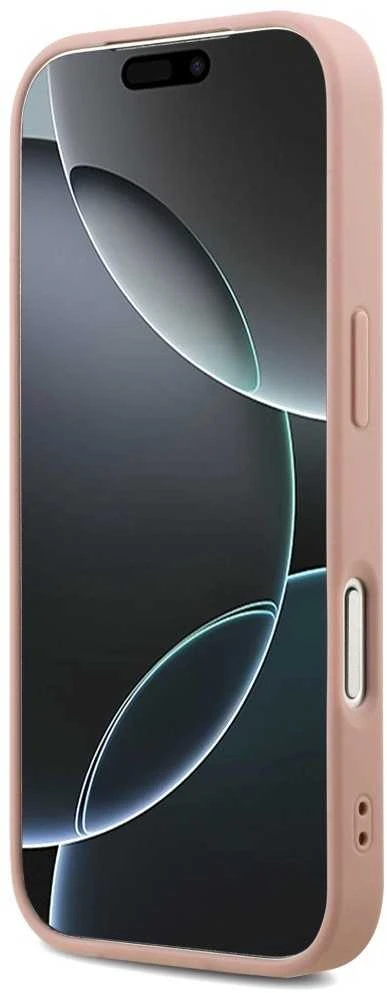 Guess PU Fixed Glitter 4G Metal Logo dėklas skirtas Apple iPhone 17 Pro rožinės spalvos