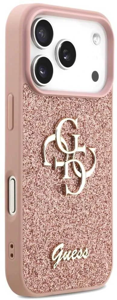 Guess PU Fixed Glitter 4G Metal Logo dėklas skirtas Apple iPhone 17 Pro rožinės spalvos