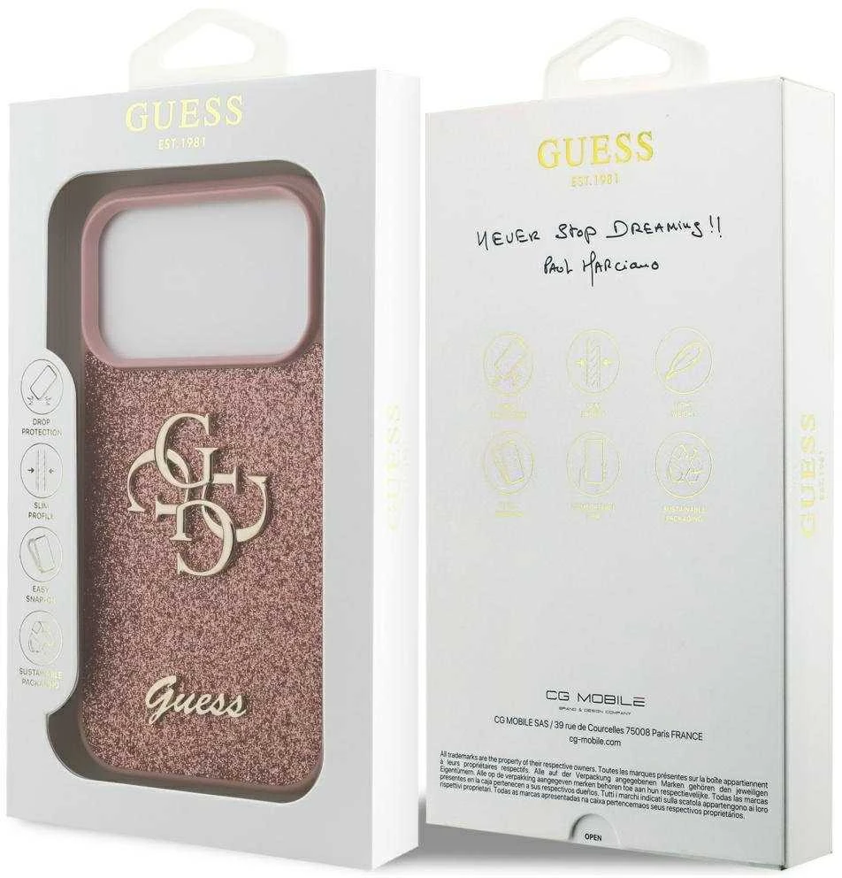 Guess PU Fixed Glitter 4G Metal Logo dėklas skirtas Apple iPhone 17 Pro rožinės spalvos