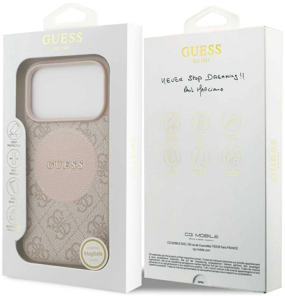 Originalaus dizaino GUESS 4G Circle Classic Logo MagSafe sijonas Apple iPhone 17 Pro rožinis