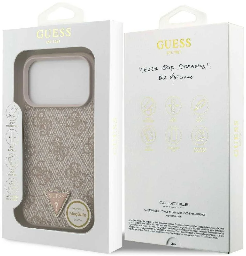 Guess Leather 4G Triangle Strass MagSafe dėklas Apple iPhone 17 Pro rožinės spalvos