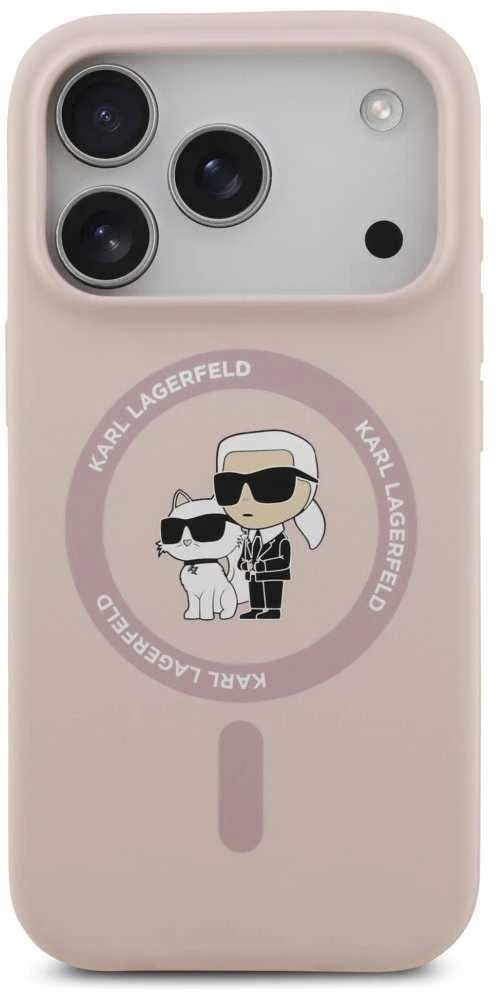 Karl Lagerfeld Liquid Silicone Karl and Choupette MagSafe dėklas skirtas Apple iPhone 17 Pro rožinės spalvos