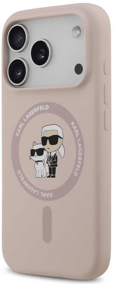 Karl Lagerfeld Liquid Silicone Karl and Choupette MagSafe dėklas skirtas Apple iPhone 17 Pro rožinės spalvos
