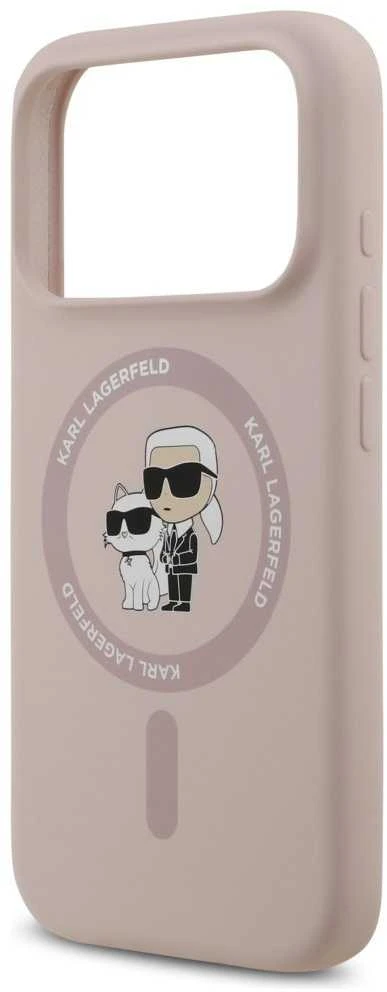 Karl Lagerfeld Liquid Silicone Karl and Choupette MagSafe dėklas skirtas Apple iPhone 17 Pro rožinės spalvos