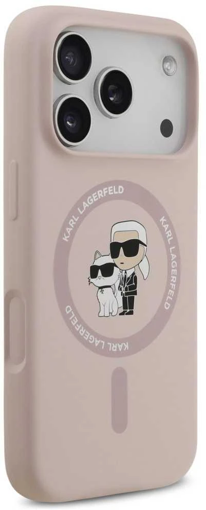 Karl Lagerfeld Liquid Silicone Karl and Choupette MagSafe dėklas skirtas Apple iPhone 17 Pro rožinės spalvos